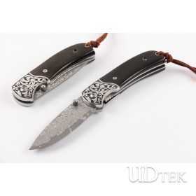 VG10 Damascus Black Warrior folding pocket knife with black buffalo horn handle UD404937